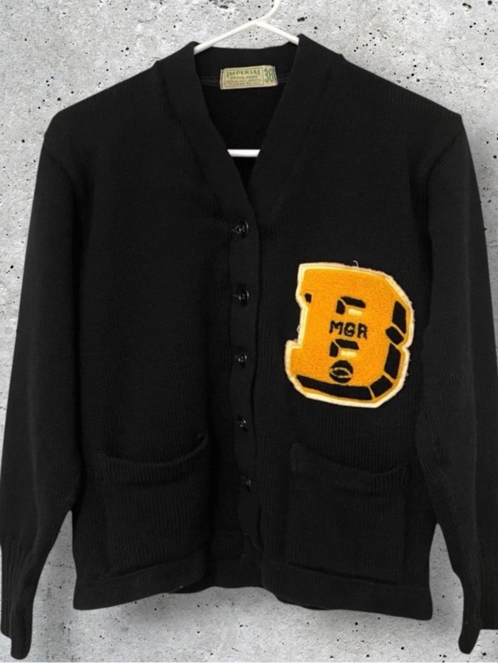 Vintage 1950s Imperial Black Wool Knit Varsity Letterman Cardigan Sweater // M